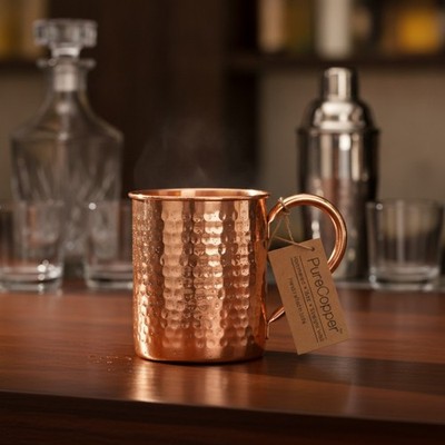 100% Copper Mug for Moscow Mule - 12Oz Hammered Pure Copper Thick Straight Wall