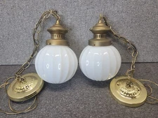 Vintage 2 MCM Frosted Beveled Vertical Ribbed Glass Globe Ceiling Light PAIR