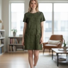 Phoebe Couture Green Suede Shift Dress Short Sleeves Women's Size 10