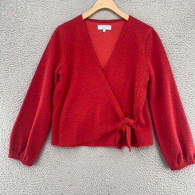 Madewell Top Womens Small Texture & Thread Red Surplice Wrap Long Balloon Sleeve