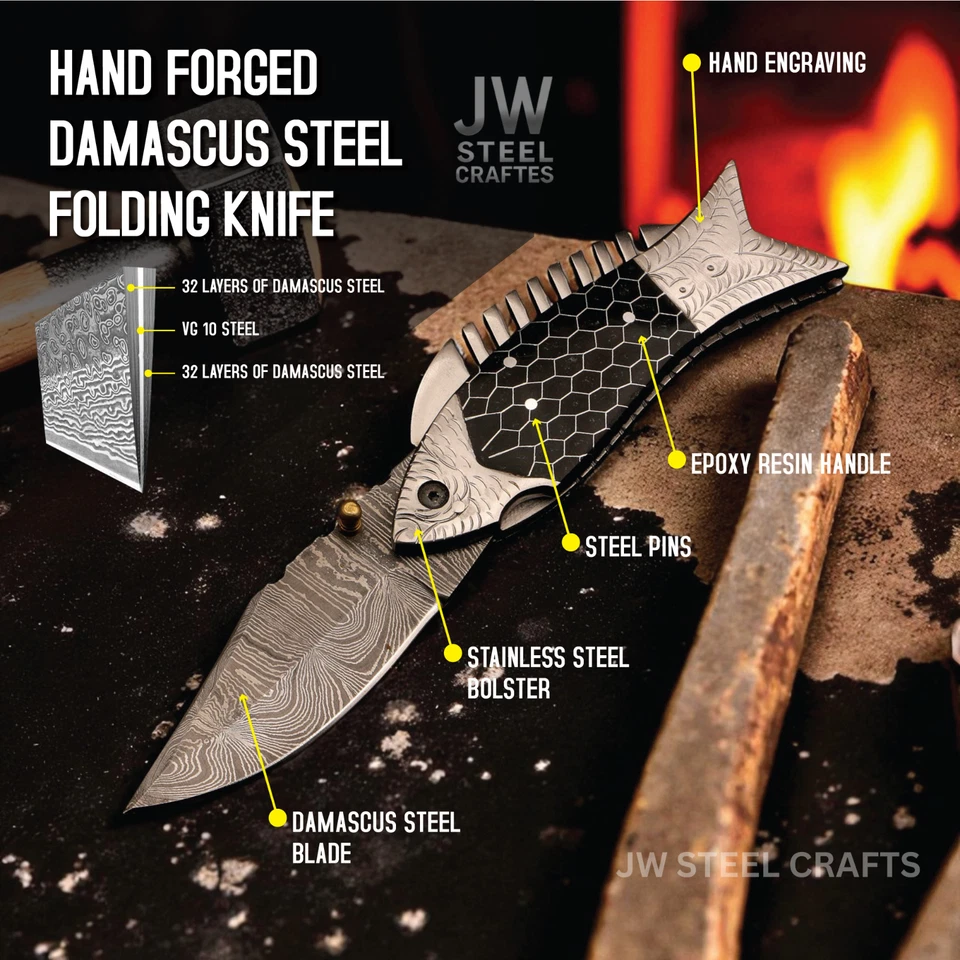 Cuchillo de pescado plegable Damasco hecho a mano - mango grabado, cuchillo de bolsillo EDC Foto 4 de 4