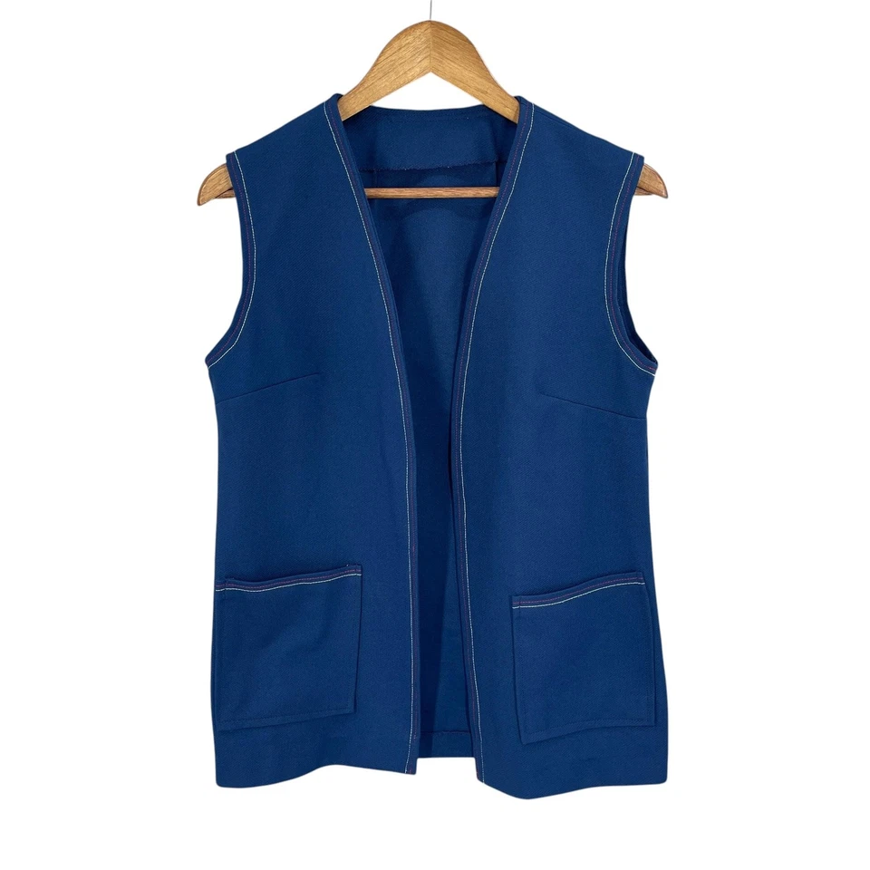 Colete Preppy Vintage Feminino Azul Utilitário Bolsos Abertos Costura Contraste Bata - Imagem 3 de 4