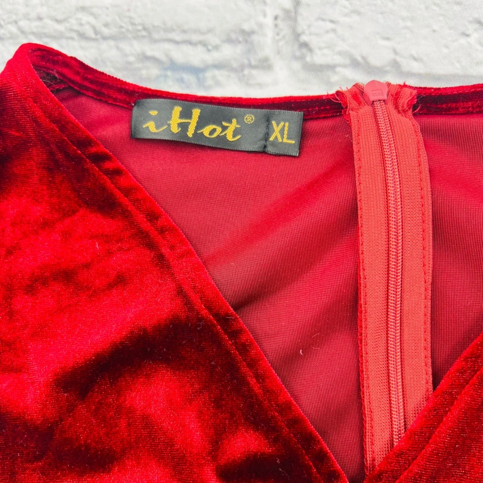 iHot Red Velvet Wrap Front Midi Dress Women's XL Holiday Formal Tie Waist - Image 3 of 4