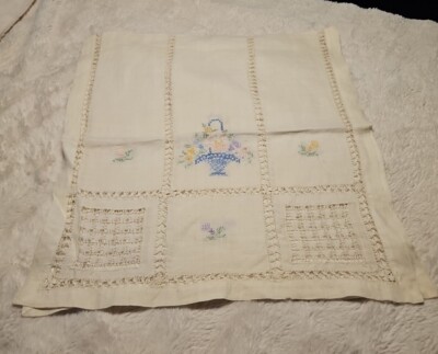 VINTAGE HAND EMBROIDERED CROSS STITCH TABLE RUNNER FLORAL IN BASKET   32'' X 14.5