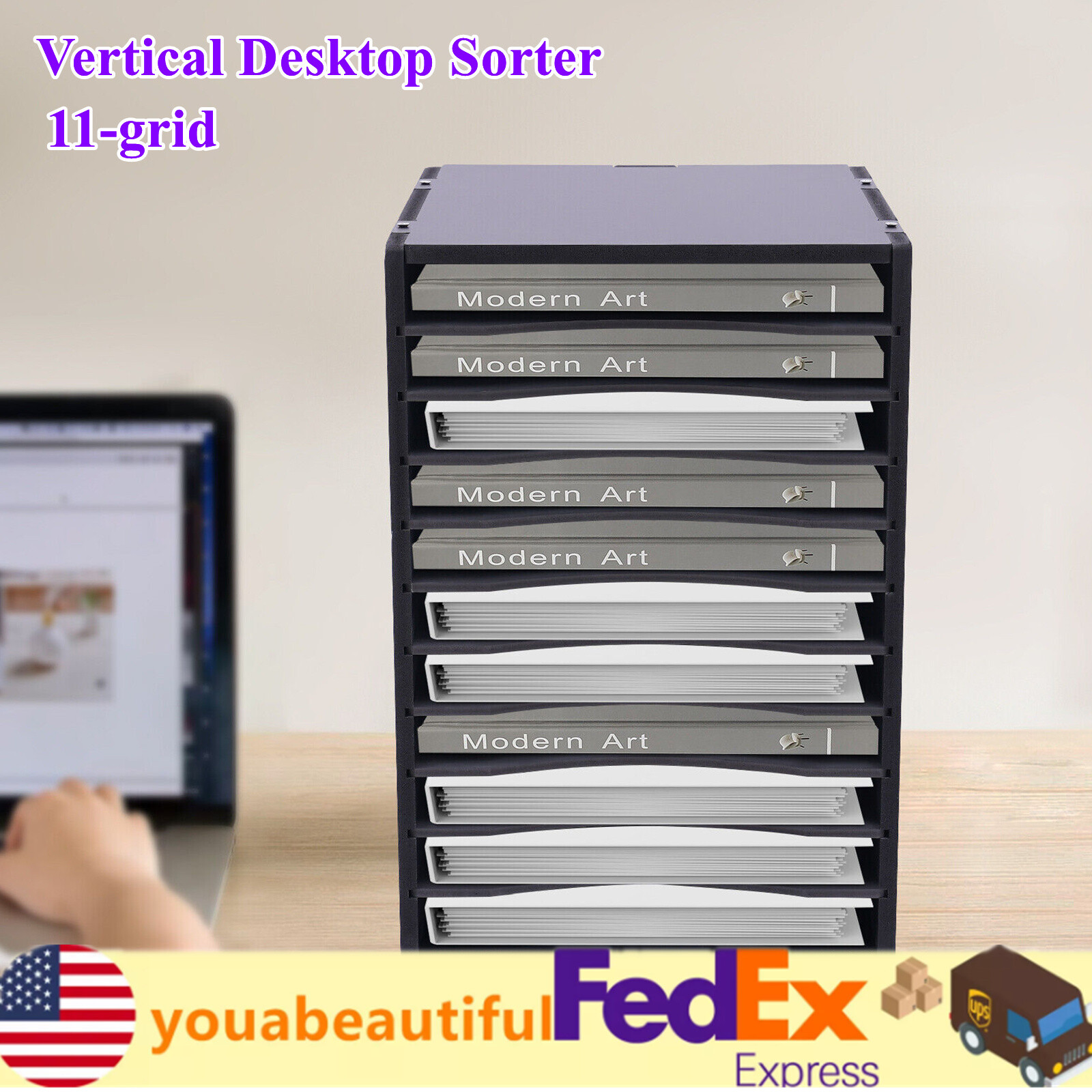 Vertical Wooden Desktop File Organizer with 11 Compartments-image