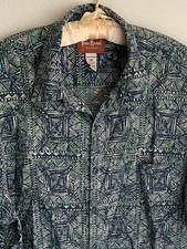 XXL Pau Hana Hawaiian Button Shirt Green Tiki 2XL Island Geometric Tropical