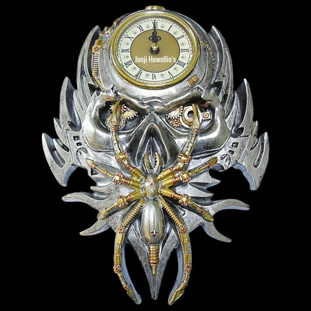Skull & Spider Wall Clock Silver Steampunk Gothic clock Pagan Wiccan Home Decor