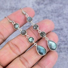 Labradorite Gemstone Jewelry 925 Sterling Silver Drops Dangle Earring For Her