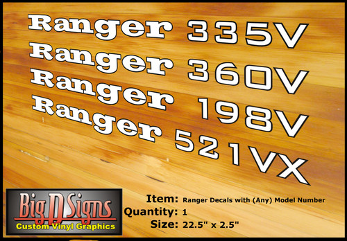 Ranger Decal with (Any) Model # - 521VX 198V 360V 335V Boats 2.5 x 22.5 - Qty 1