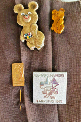 MISHA BEAR 2/6.7 cm,1983 Sarajevo ISU Junior,Sarajevo Olimpic 1984,Set of 4 Pins