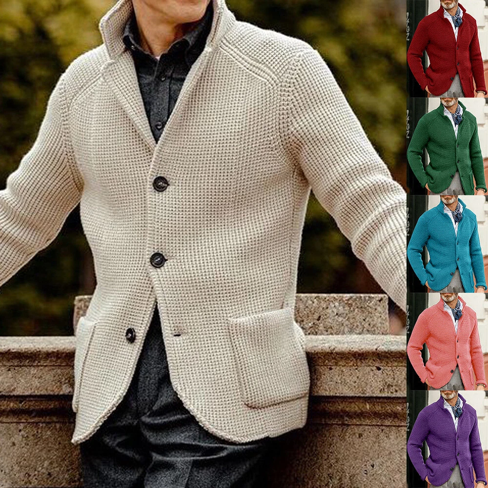 Mens Stand Collar Fit Suit Cardigan Sweater Knitted Long Sleeve Knit Coat  Jacket