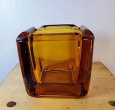 Solid Amber Glass Cigar Cigarette Ashtray Square Heavy  3" X 3"