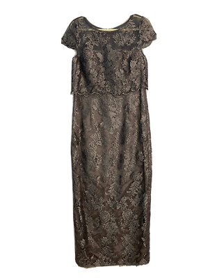 Adrianna Papell Maxi Dress Gown Scalloped Lace Overlay S/S Cap Sleeve Gray  12 | eBay