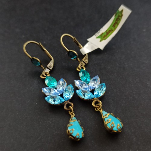 Michal Negrin Earrings Blue Shades Leaves Cluster Royal Sparkly Crystals Long - Picture 6 of 15