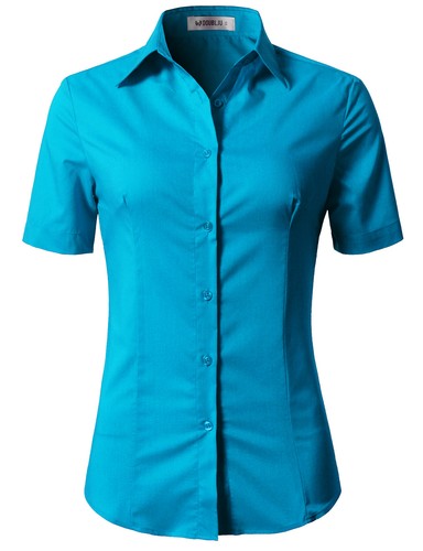 Womens Button Down Shirt Basic SLIM FIT Simple Short Sleeve Collared S010 - Picture 81 of 95