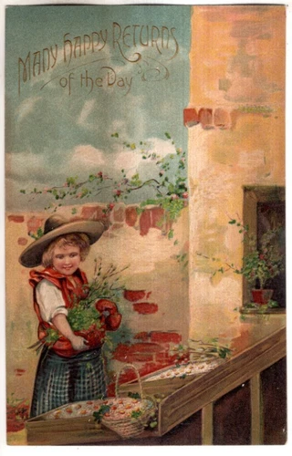 ANTIQUE EMBOSSED BIRTHDAY Postcard     YOUNG LADY AT MARKET
