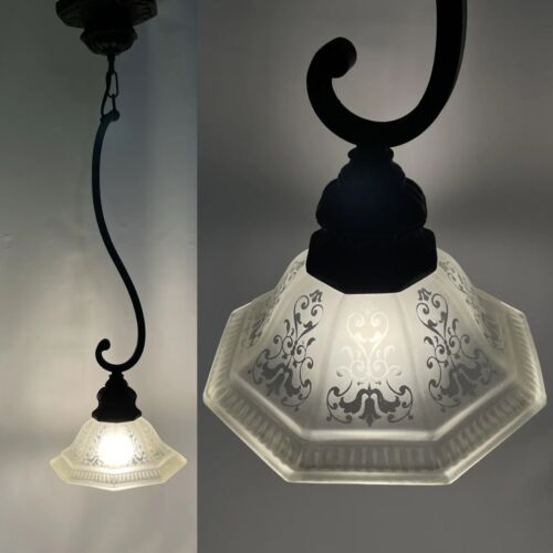 Vtg Farmhouse Pendant Light Frosted Etched Glass Shade Traditional Victorian Sty - Picture 1 of 13