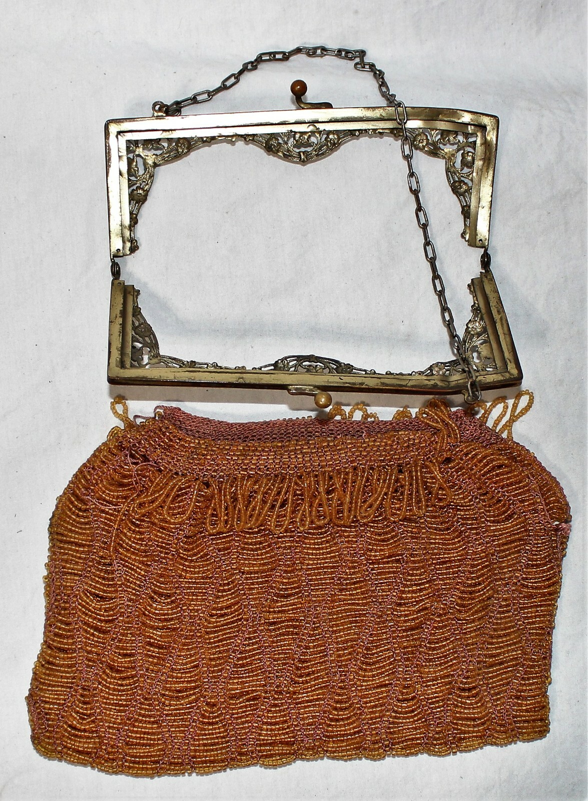 Antique French Beaded Purse caramel color Gem