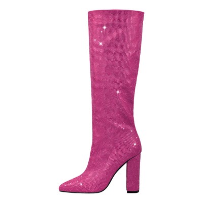 Onlymaker Womens Knee High Boots Chunky Heels Rhinestones Boots Club Party Shoes