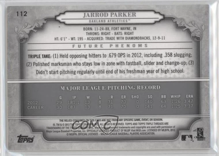 2013 Topps Triple Threads Future Phenoms Black Silver Ink /25 Jarrod Parker Auto - Image 2 of 2