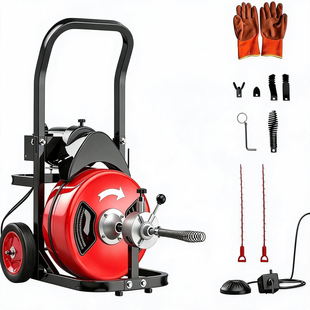 100Ft 3/4" Electric Drain Cleaning Machine 750W Ortable Auger for 4"-8" Pipes