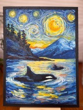 Original oil pastel painting 6 x 8, orca whale ocean pacific night sky