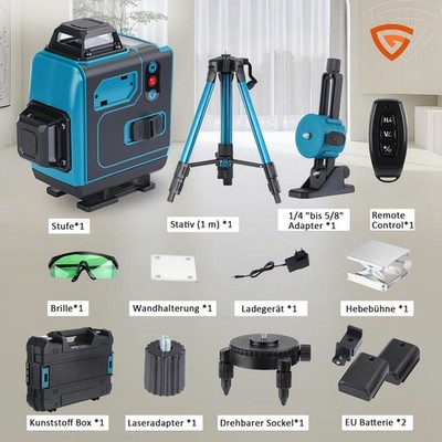 16 Line Laser Level mit Box Kit Satz Baustellen 4D Profi mit Koffer+Stativ 360°