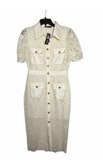 INA Midi Dress Cream Crochet Lace Gold Button Front Lined Satin Collar Pockets M