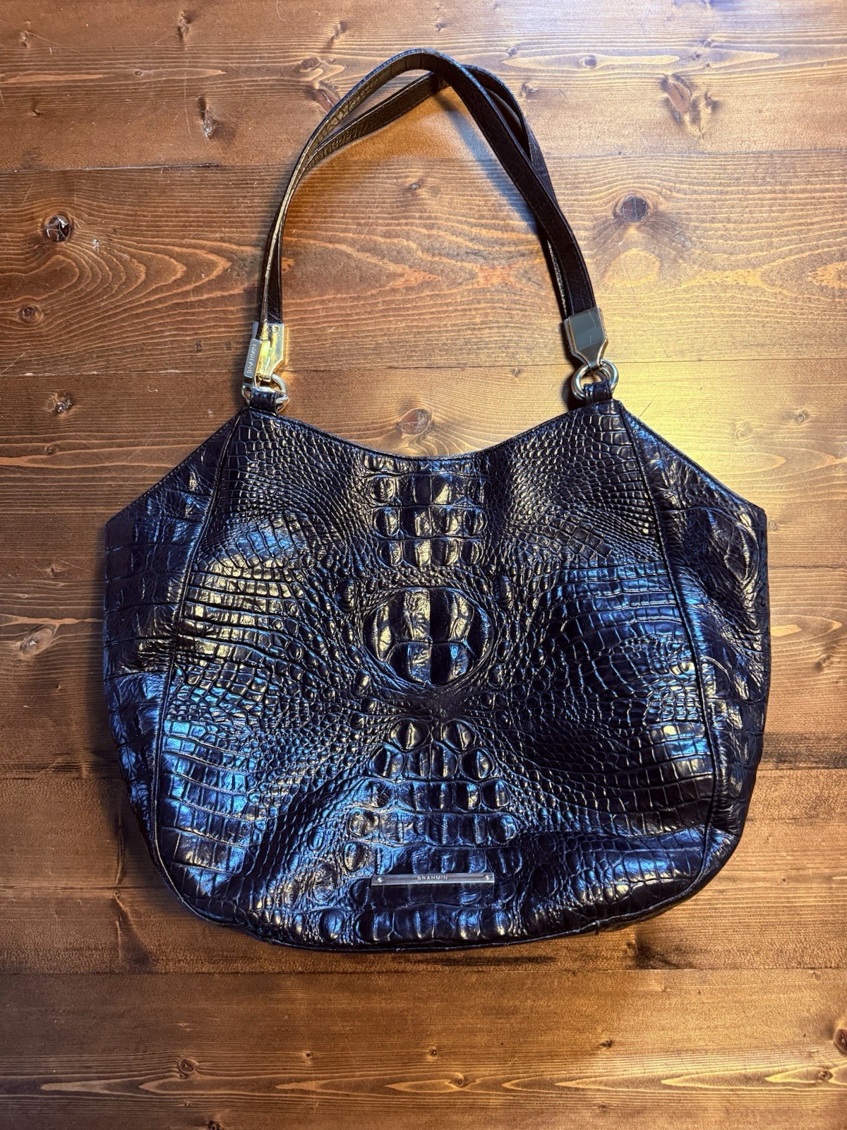 Brahmin Black Embossed Crocodile Leather Shoulder Bag Gold Hardware Designer