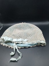 Antique Bonnet Cap For Sleep Crochet Outer Layer Blue Cotton and Lace 10" Rim