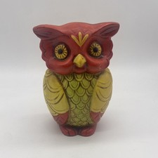 Vintage Hand Painted Red Yellow Ceramic Owl Coin Bank
