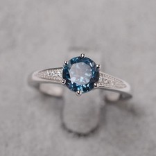 925 Sterling Silver London Blue Topaz Women Ring Natural Gemstone Solitaire Ring