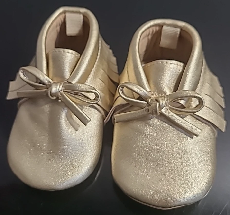 Zapatos mocasines antiguos dorados azul marino para bebé niña talla 0-3mos/flecos y lazo Foto 3 de 4