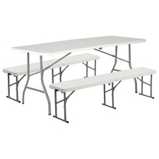 Image of Folding Camping Picnic Table & Bench Set 180cm (6ft) White Portable