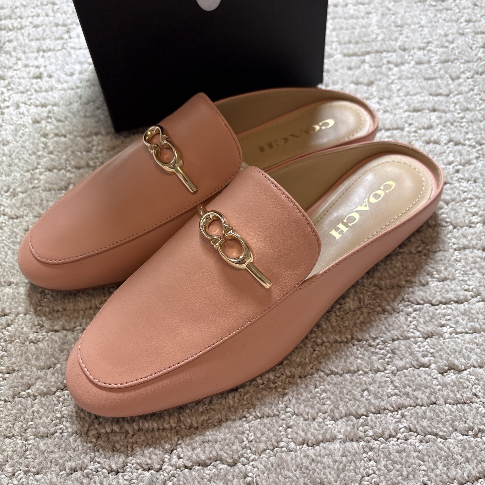 COACH Women’s 6 B Pink Sienna Leather Slide Loafers Shoes Mule Gold Logo Bit