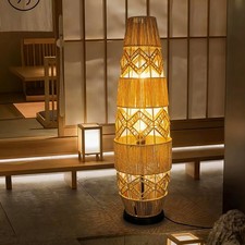 Hand-Woven Rattan  Floor Lamp Bohemian Wicker Standing Lamp Farmhouse Round Base