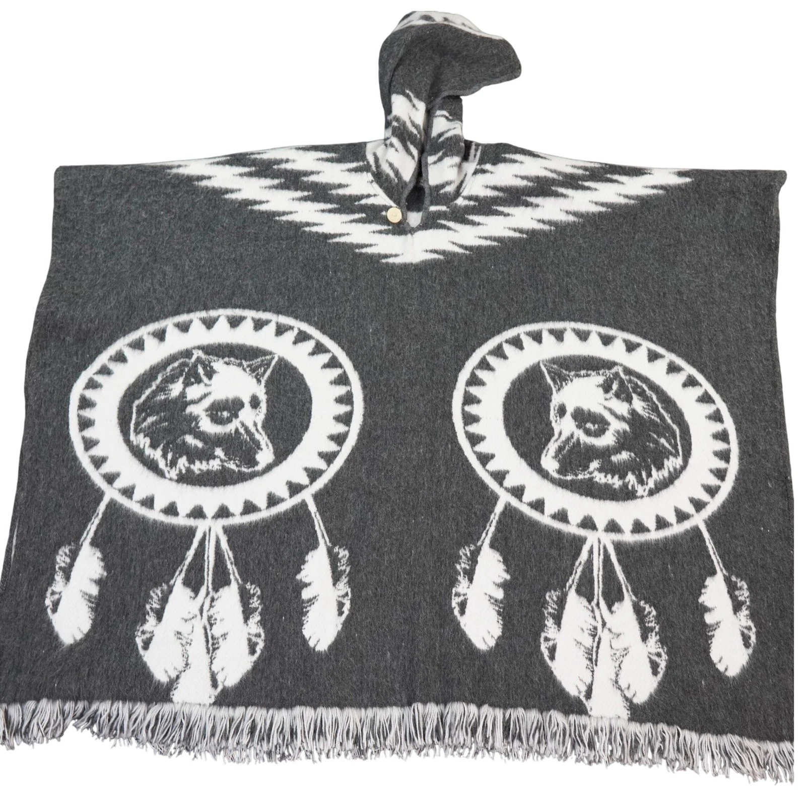 Tejidos Diaz Hooded Poncho Gray White Wolf Dreamcatcher Aztec Blanket Cape Wool