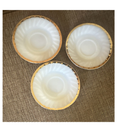 Fire-King Milk Glass Saucers White Gold Trim Glossy Set 3 Vintage Pressed