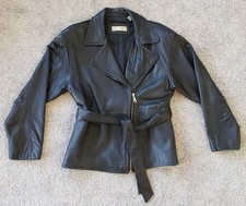Vtg Valerie Stevens Leather Jacket Womens 6 Black Lambskin Coat Belt Moto 1990s