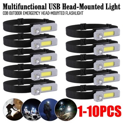 1-10PCS LED COB Headlamp USB Rechargeable Flashlight Head Lamp Torch Camping USA