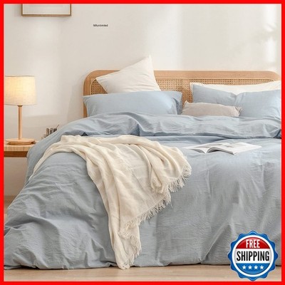 BESTOUCH Cotton Solid Duvet Cover Set Linen Feel Cornflower Blue Queen
