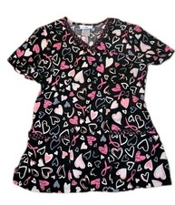 Women's scrub top size small pink hearts  ribbons find the cure breast cancer