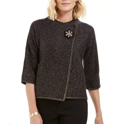 JM Collection Metallic Textured Brooch Sweater Jacket Black Size Medium NWT KBox