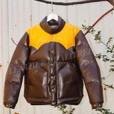 Men's Puffer Jacket Real Lambskin Leather Quilted Bomber Jacket - Dual Color