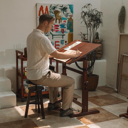 Wooden Drafting Table Stool: 35.5" x 23.5'' Vintage Artist Drafting Stool and... - Picture 2 of 5