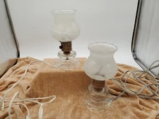 Two Vintage Brass & Frosted Glass Leaf Design Lamps w/ Glass Base 9 Inches Tall