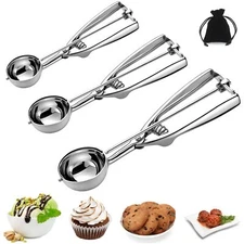 Stainless Steel 3-Piece Ice Cream & Cookie Scoop Set - Trigger Release, Baking &