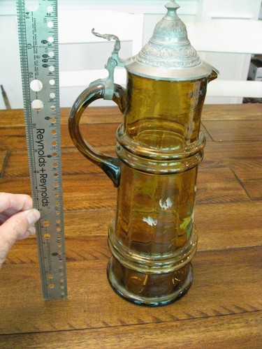 Antica pietra birra Mettlach epoca Germania grande 1,5 litri bocca soffiata vetro ambrato - Foto 2 di 12