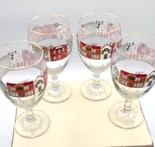 Set of 4 Vintage Libby Winter Christmas Village Street Scene Wine Water Goblets