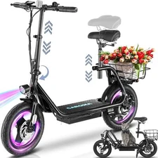 Electric Scooter with Seat&Basket, 14" Commuter Ebike for Adult&Teen
